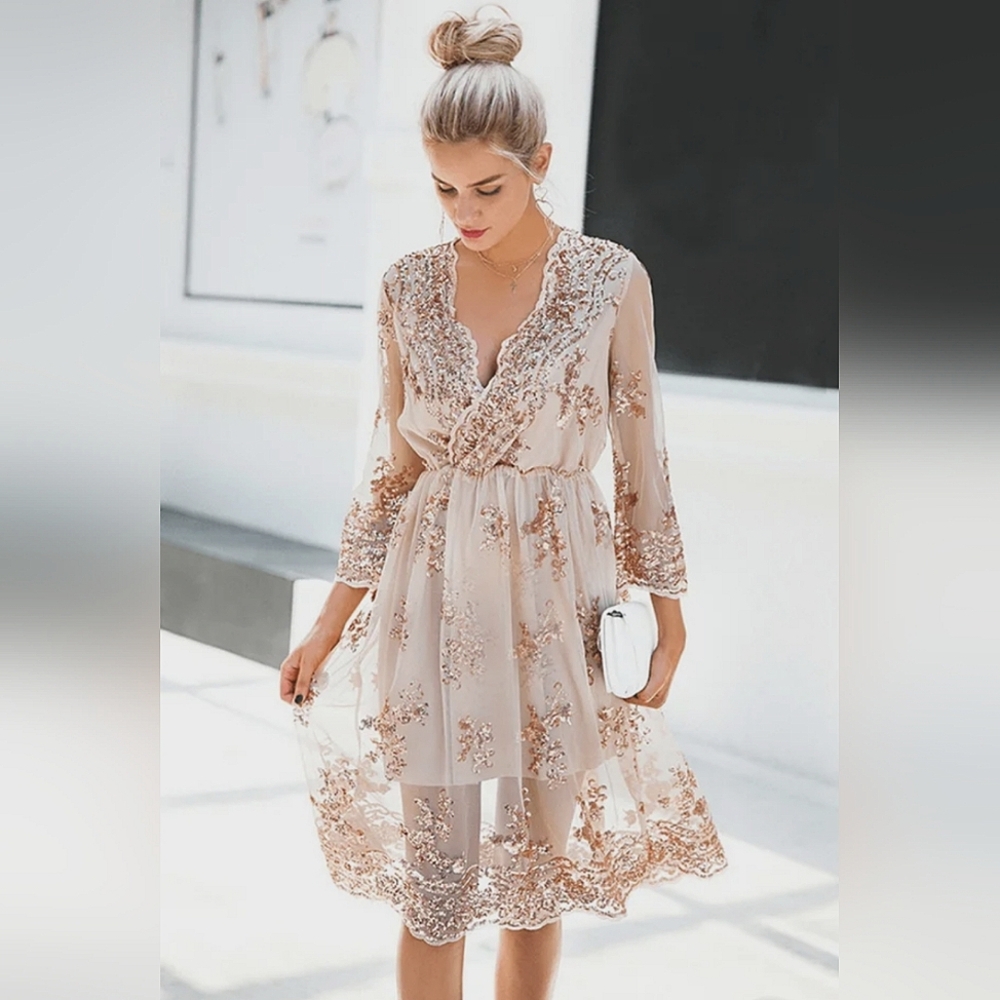 Champagne and Rose Gold Sequin Floral Dress